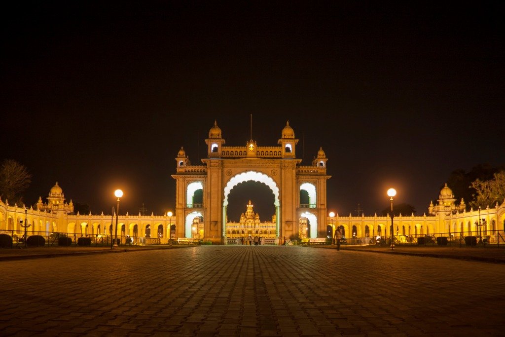 palace of mysore gate in india illuminated at night picture id469566397